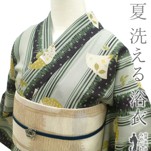 【中古】 夏物 浴衣 リサイクル 着物 Kami shibai ブランド ポリエステル くすみカラー グリーン 緑 縞 朝顔 草花 洗える着物 夏着物 ゆかた 日本製 夏 カジュアル 浴衣 着物 仕立て上がり 身丈166 裄丈67 Ｌサイズ みやがわ sb15669