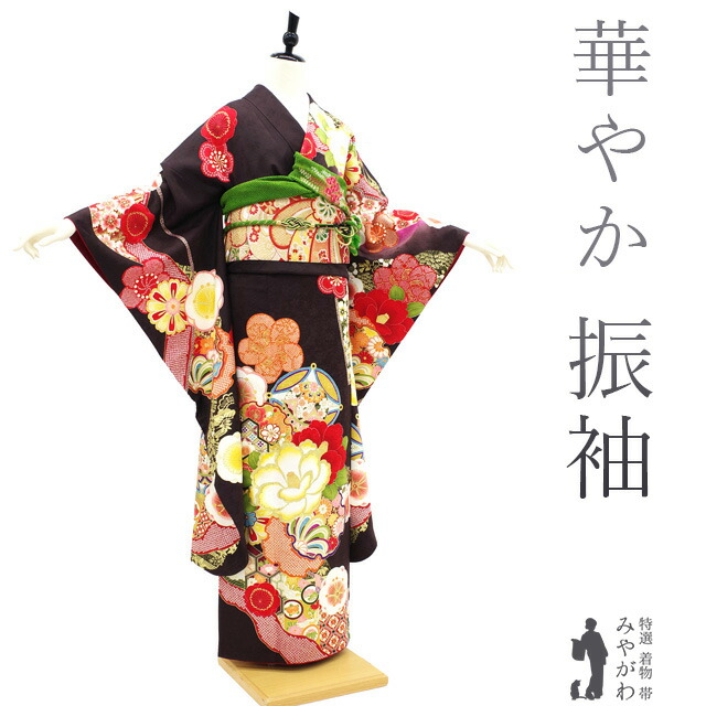 D342   振袖　黒地　乱菊　流水　正絹　着物　袷　極美品 濃紺 流水菊牡丹（【振袖・袋帯・長襦袢のセット商品