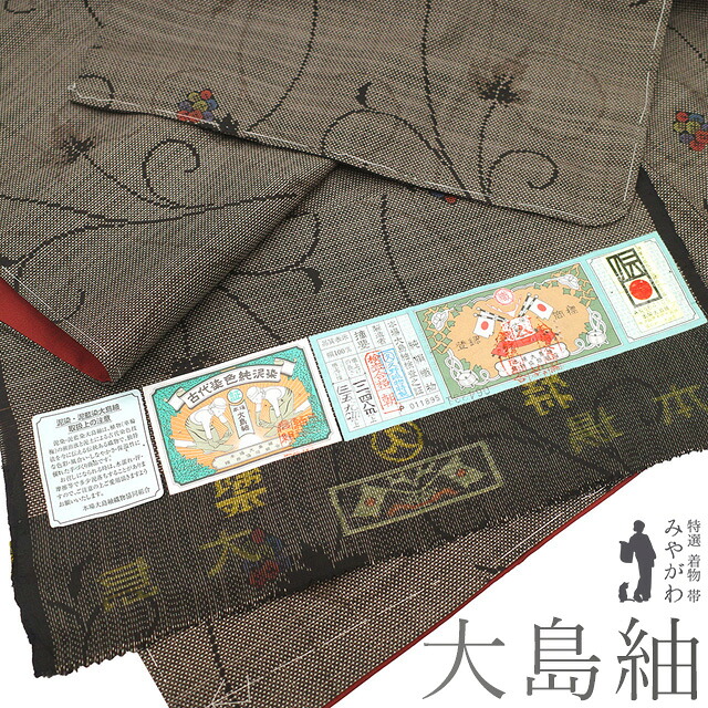 【新古品】 本場奄美大島紬 着物 未使用 正絹 大島紬 袷 久野織物 泥染め ７マルキ カタス式 こげ茶色 葡萄唐草 カジュアル 春 秋 冬 紬 着物 仕立て上がり 身丈161 裄丈66.5 Ｍサイズ みやがわ sb16698｜リサイクル着物 みやがわ 中古着物 26,235円