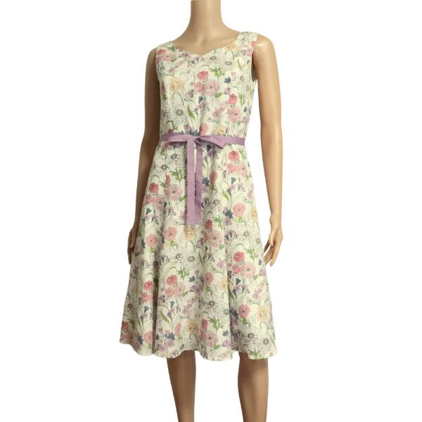 美品【中古】ローラアシュレイ LAURA ASHLEY フレアワンピース ノースリーブワンピース ワンピース レディース 表記 9号 M 38号 相当 古着 白 ホワイト 麻 リネン 花柄 ひざ丈 薄手 軽やか 涼しげ お洒落 おしゃれ 可愛い かわいい 大人 女性 春 夏 春夏 20代 30代 40代