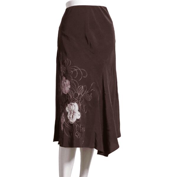 美品【中古】ローラアシュレイ LAURA ASHLEY フレアスカート ひざ丈スカート スカート レディース 表記 11号 L 40号 相当 茶 ブラウン 絹 シルク お花 艶感 お洒落 おしゃれ 可愛い かわいい 上品 大人 女性 お出掛け 春夏 春 夏 ボトムス 40代 50代 60代|フルフルマーケット
