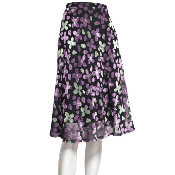 美品【中古】ピエールカルダン pierre cardin フレアスカート ひざ丈スカート スカート レディース 小さい 表記 S 7号 36号 相当 黒 ブラック 紫 パープル お花 美花柄 総柄 フロッキー加工 膝丈 ひざ丈 可愛い かわいい 上品 大人 女性 春夏 春 夏 ボトムス 40代 50代 60代
