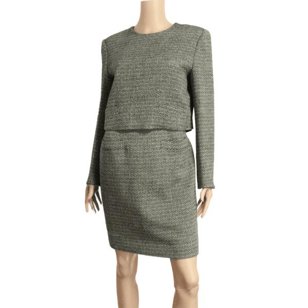 美品【中古】ディオール Christian Dior スコート背広 背広 上衣 スコート レディース 書きあらわす L 11号 40号 相当 薄墨色 白 黒 毛 羊毛 読み合わせる柄 長袖 膝丈 ひざ丈 ふっくら 生あたたかい 雅びやか 成年者 お上さん 執務室 秋 冬 秋冬 セットアップ 40代 50代 60代