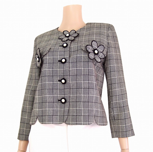 美品【中古】ユキトリイ YUKI TORII 黒 絹シルク混 花模様 上品ノーカラージャケット 9号 春秋 レディース アウター|フルフルマーケット