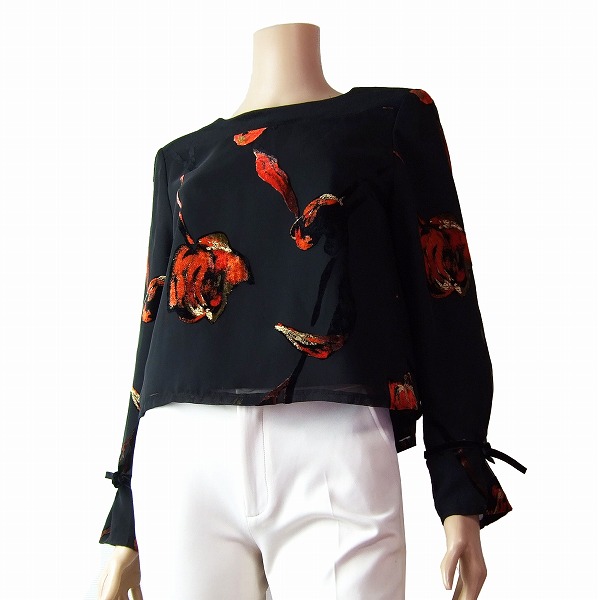 新品同様【中古】ハーディエイミス HARDY AMIES 黒×大輪美艶花 ベロア×フロッキー×透け感シフォン 優雅なブラウス カットソー 9号 春秋冬 レディース トップス