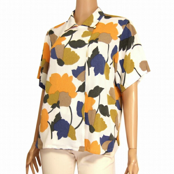 #anc 三年坂 feminine シャツ・ブラウス M 茶 緑 ちりめん 柄 レディース [950373] anc 三年坂 シャツ ブラウス カットソー M 緑 ちりめん ライン