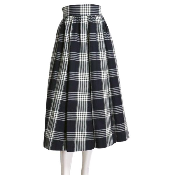 美品【中古】イヴサンローラン YVESSAINTLAURENT フレアスカート ミモレ丈スカート レディース 表記 M 9号 38号 相当 紺 ネイビー 白 ホワイト 綿 コットン チェック柄 お洒落 おしゃれ ミモレ丈 大人 女性 お出掛け 春 秋 春秋 ボトムス 30代 40代 50代
