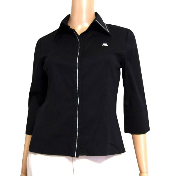 新品同様【中古】クレージュ courreges シャツ 小さいサイズ 小さい 7号 36号 S 相当 古着 黒 ブラック レディース 春 夏 春夏 トップス 7分袖 七分袖 比翼 綿混 コットン シンプル 通勤 オフィス 大人 女性 20代 30代