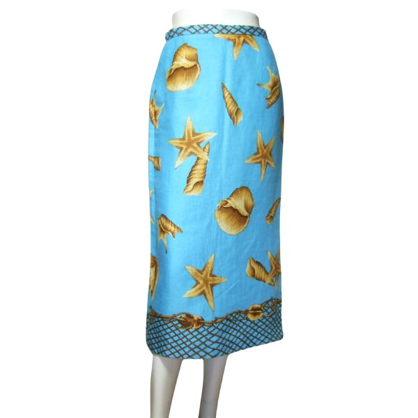 新品同様【中古】ジュンコシマダ JUNKO SHIMADA フレアスカート ロングスカート 表記 2号 9号 M 38号 相当 古着 水色 レディース 春 夏 春夏 ボトムス 麻100 リネン 薄手 貝柄 ミモレ丈 大人 女性 50代 60代 14,592円
