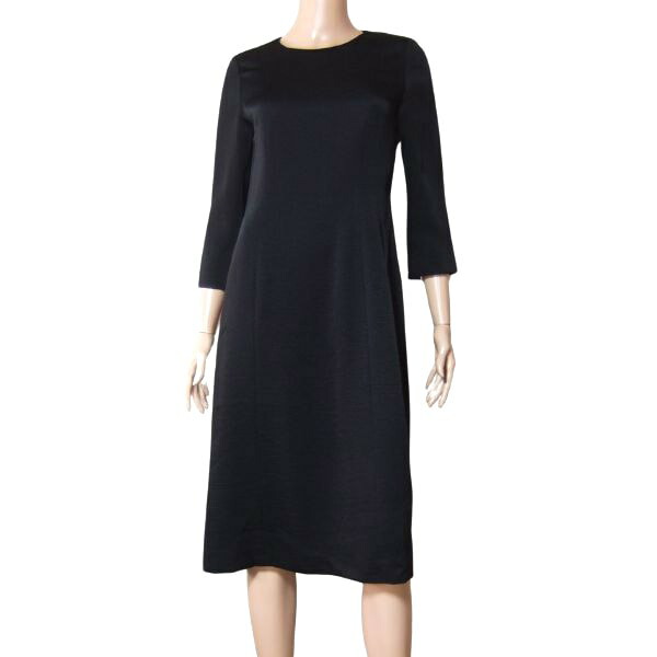 新品同様【中古】ジバンシイ GIVENCHY 東京ソワール ブラックフォーマルワンピース 表記 8号 小さいサイズ 7号 36号 S 相当 古着 黒 ブラック レディース 春 秋 単品 長袖 柄地 丸首 日本製 ミモレ丈 大人 女性 40代 50代 60代