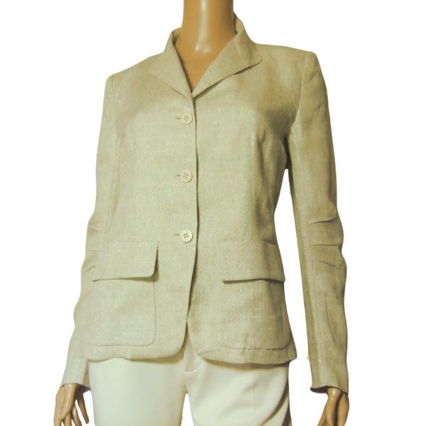 美品【中古】ハナエモリ HANAE MORI ジャケット 表記 38号 M 9号 相当 古着 ベージュ レディース 春 夏 春夏 アウター 麻 リネン ラメ シンプル 日本製 大人 女性 50代 60代