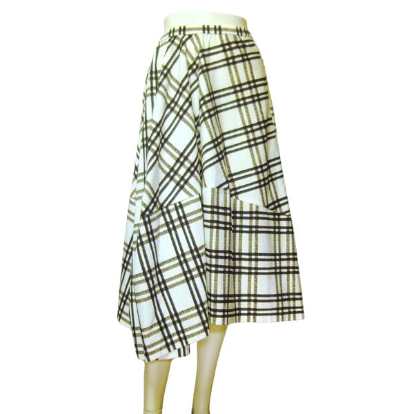 美品【中古】カズコキタムラ kazuko kitamura フレアスカート 変形 11号 L 40号 相当 古着 白 ホワイト レディース 春 夏 春夏 ボトムス 綿100 コットン ミモレ丈 日本製 チェック おしゃれ 大人 女性 20代 30代