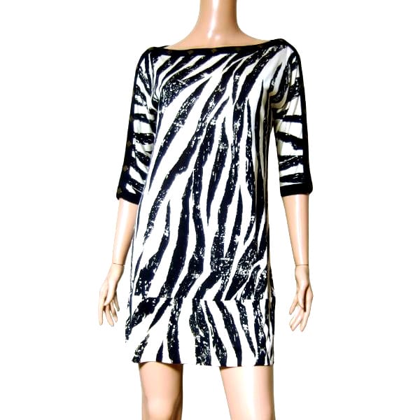 美品【中古】ダイアンフォンファステンバーグ DIANE VON FURSTENBERG ワンピース 小さい 小さいサイズ 表記 0号 7号 36号 相当 古着 黒 ブラック 白 ホワイト レディース 春夏 春 夏 5分袖 絹100 シルク ミニ丈 ジャージ素材 薄手 大人 女性 30代 40代