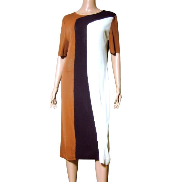 美品【中古】ロベルタディカメリーノ Roberta di Camerino ワンピース 表記 40号 L 11号 相当 古着 茶 ブラウン レディース 春 夏 春夏 5分袖 薄手 丸首 ミモレ丈 シンプル 大人 女性 40代 50代