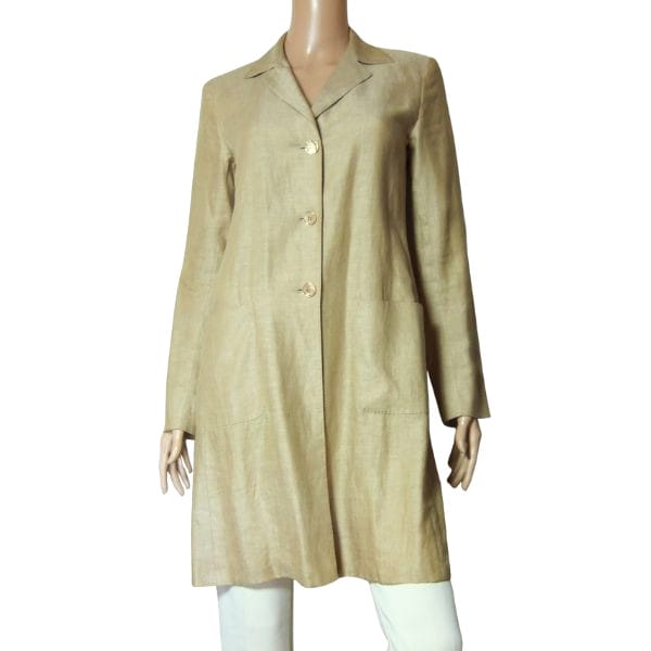 美品【中古】マックスマーラ Max Mara テーラードジャケット ロング丈 表記 JI38号 М 9号 相当 古着 ベージュ レディース 春 夏 春夏 アウター 麻100 リネン 薄手 シンプル 大人 女性 40代 50代