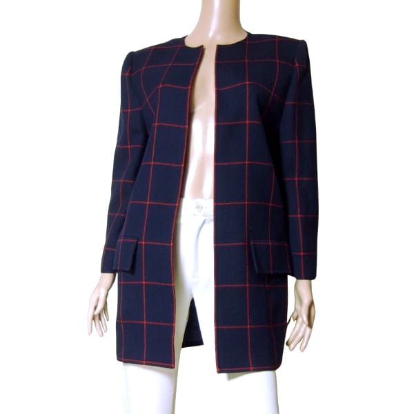 新品同様【中古】キミジマブティック KIMIJIMA BOUTIQUE ノーカラージャケット ロングジャケット ジャケット ウールジャケット 表記 9号 М 38号 相当 古着 紺 レディース 秋 冬 秋冬 アウター 毛100 ウール チェック 羽織り 大人 女性 50代 60代