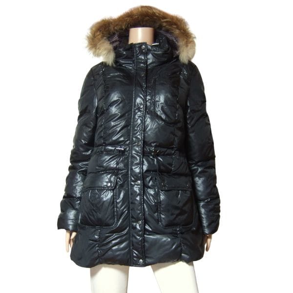 美品【中古】ジュンコシマダ JUNKO SHIMADA ダウンコート ダウン70％ 大きい 大きいサイズ 表記 13号 42号 LL 2L 古着 黒 レディース 秋 冬 アウター フード タヌキファー ドローコード シンプル 大人 女性 30代 40代 50代