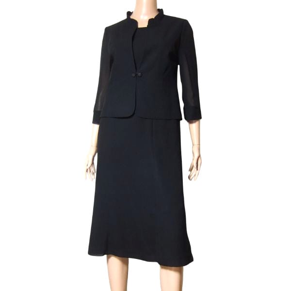 美品【中古】アクアスキュータム Aquascutum ブラックフォーマルワンピース 2P風 表記 9号 М 38号 相当 古着 黒 ブラック レディース 春 夏 春夏 5分袖 五分袖 透け感 前開き 冠婚葬祭 ミモレ丈 膝丈 大人 女性 30代 40代 50代