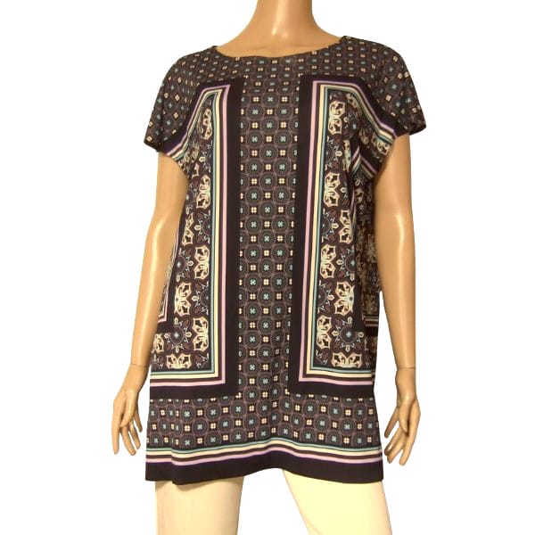 新品同様【中古】レリアン Leilian チュニック 大きいサイズ 大きい 表記 17号 4L 相当 古着 茶 ブラウン レディース 春夏 春 夏 トップス 半袖 薄手 幾何学柄 日本製 大人 女性 40代 50代 60代