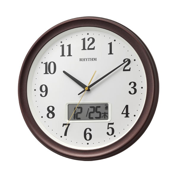 壁 掛け時計 温度 湿度 カレンダー 切換 電波時計 直径325mm 8FYA02SR06 リズム RHYTHM 連続秒針 スイープ 茶色 プラスチック枠 文字入れ不可 取り寄せ品