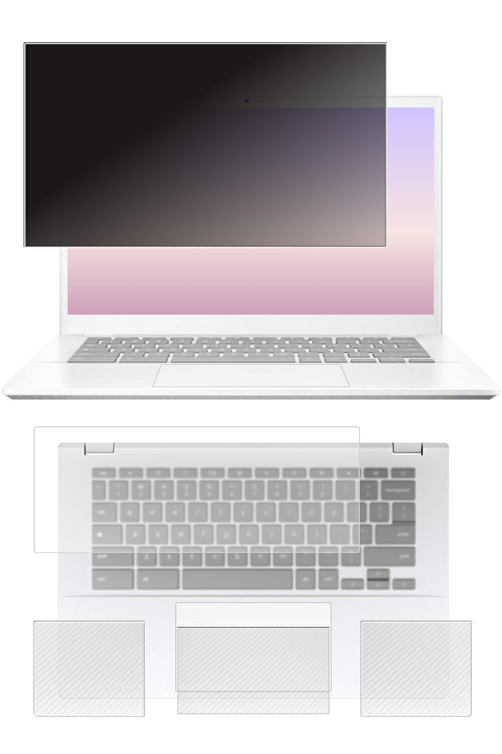 【4点セット(画面+パームレスト+タッチパッド+キーボードカバー)】ASUS Chromebook Plus CX34 CX3402 2025/24年モデル 用 [N35] 4way のぞき見防止 プライバシー保護 液晶 保護 フィルム ＋ カーボン調 保護フィルム ★｜モバイルマスター