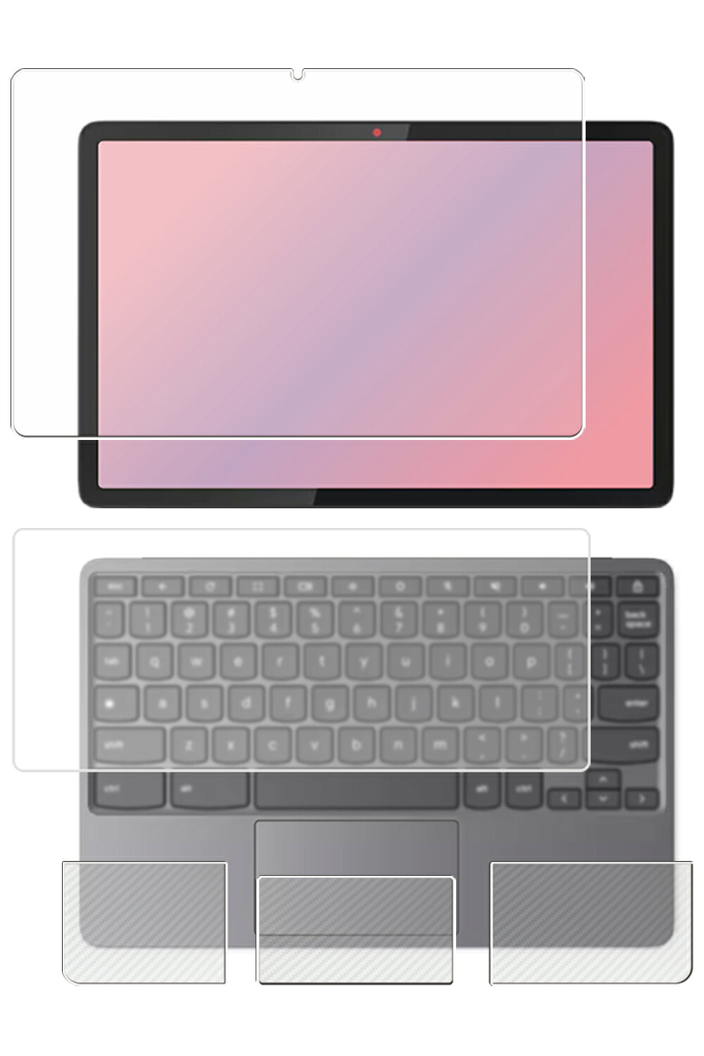 【4点セット(画面+パームレスト+タッチパッド+キーボードカバー)】Lenovo Chromebook Duet Gen 9 10.95型 2024年モデル 用 [10] 高硬度 9H ブルーライトカット クリア 液晶 保護 フィルム ＋ カーボン調 保護フィルム ★