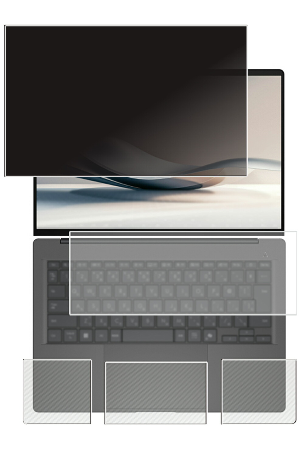 【4点セット(画面+パームレスト+タッチパッド+キーボードカバー)】ASUS Zenbook SORA UX3407 2025年モデル 用 [N35] 4way のぞき見防止 プライバシー保護 液晶 保護 フィルム ＋ カーボン調 保護フィルム ★