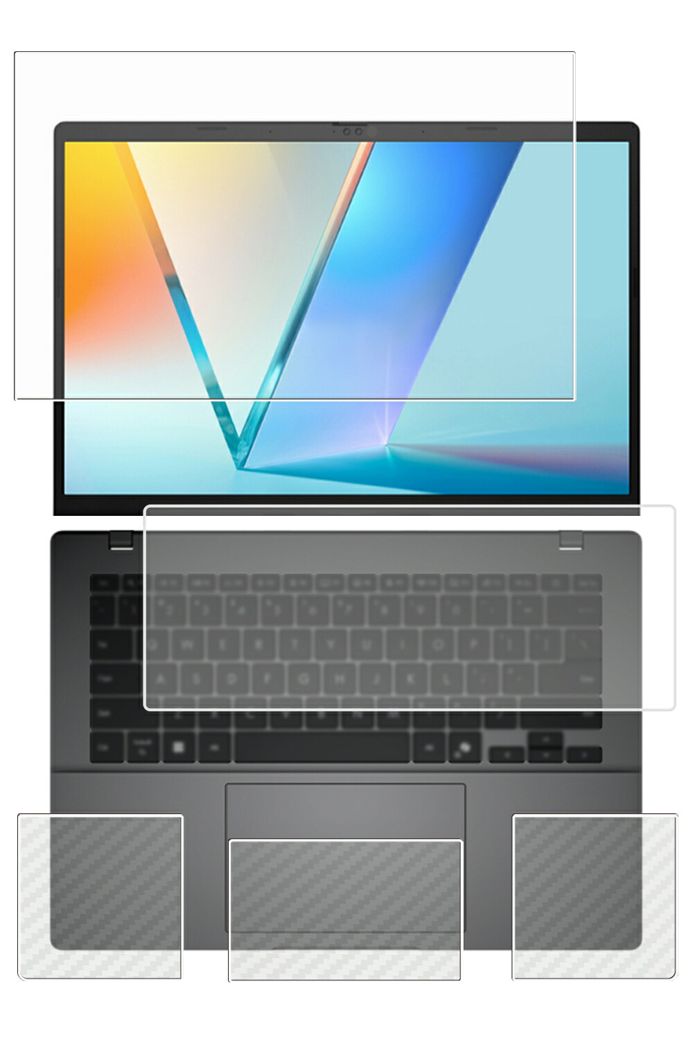 【4点セット(画面+パームレスト+タッチパッド+キーボードカバー)】ASUS Vivobook S14 S3407 / M3407 2025年モデル 用 [N35] 安心の5大機能 衝撃吸収 ブルーライト カット 液晶 保護 フィルム ＋ カーボン調 保護フィルム 反射防止 抗菌 気泡レス ★