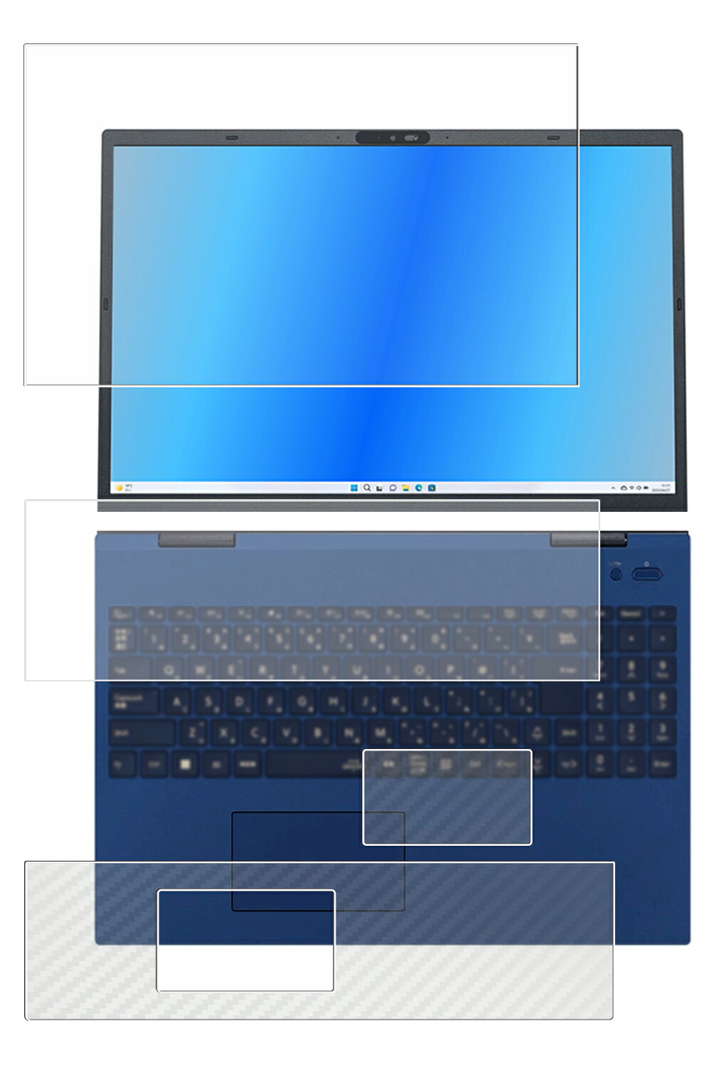 【4点セット(画面+パームレスト+タッチパッド+キーボードカバー)】NEC LAVIE N16 / Direct N16 2024年春モデル 用 [400-280] 防指紋 クリア タイプ 液晶 保護 フィルム ＋ カーボン調 保護フィルム ★