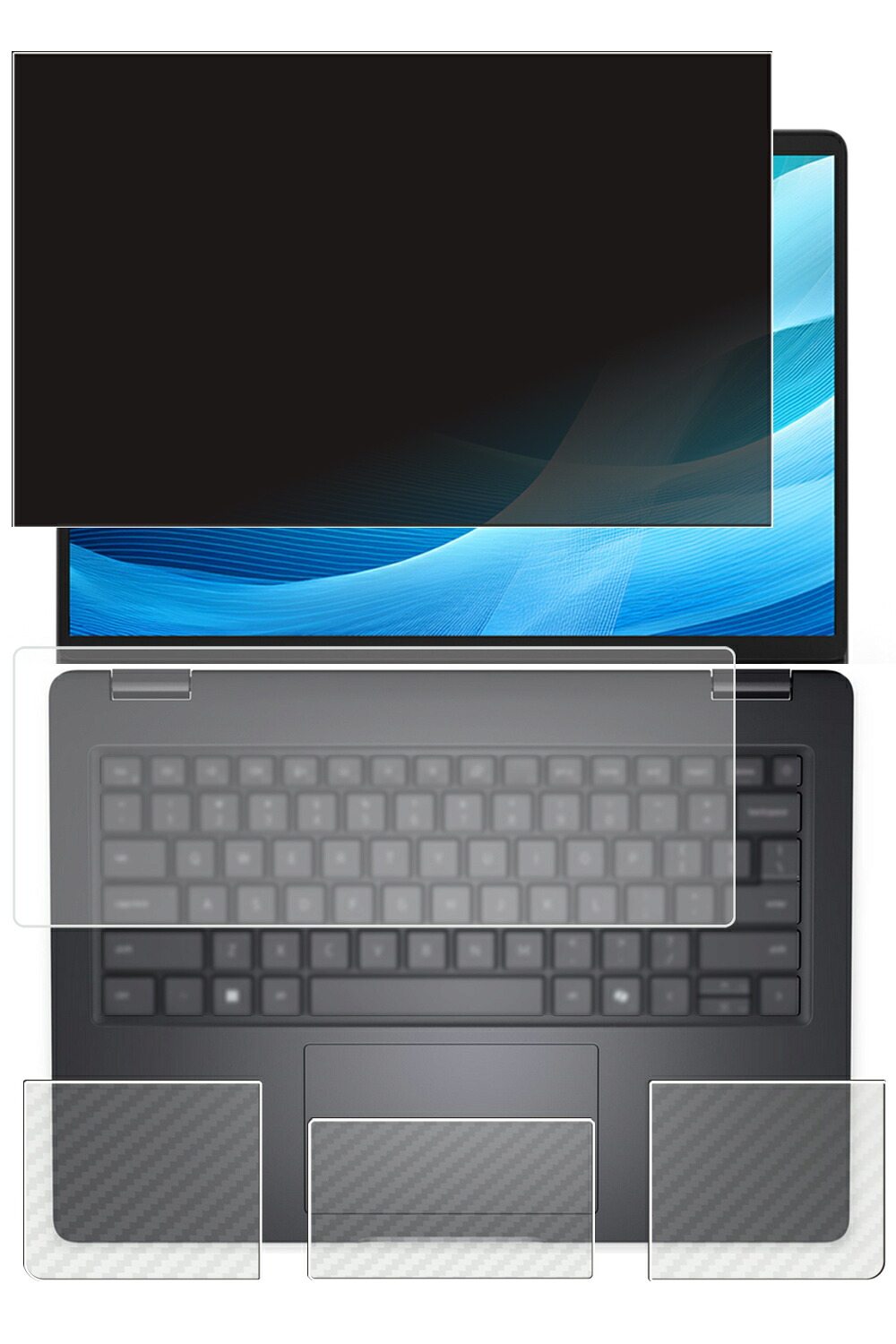 【4点仕掛ける(画面+パームレスト+触れ合うパッド+鍵盤押しかぶせる)】Dell Pro 14 パソコン14255 2026/25年青写真 指紋公証なし 用 [N35] 4way のぞき見押しとどめる 秘め事保護すること 液晶 保護すること 写真フィルム ＋ 炭素調 保護すること写真フィルム ★