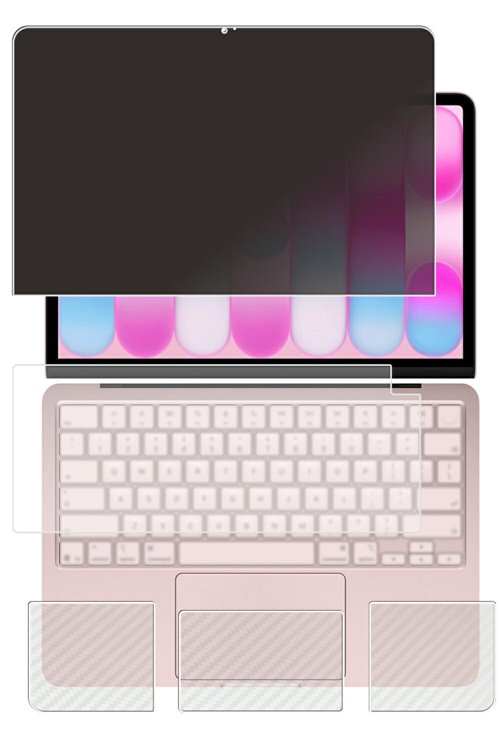 【4点仕掛ける(画面+パームレスト+触れ合うパッド+鍵盤押しかぶせる)】MacBook Neo 13in 2026年青写真 指紋公証あり 用 [N35] 4way のぞき見押しとどめる 秘め事保護すること 液晶 保護すること 写真フィルム ＋ 炭素調 天板 保護すること写真フィルム ★