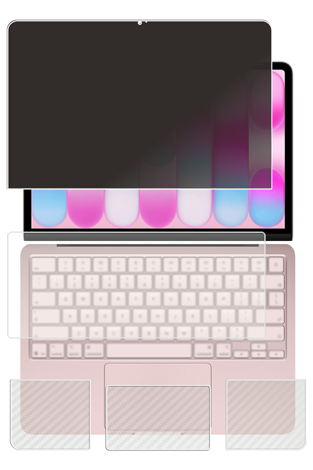 【4点仕掛ける(画面+パームレスト+触れ合うパッド+鍵盤押しかぶせる)】MacBook Neo 13in 2026年青写真 指紋公証なし 用 [N35] 4way のぞき見押しとどめる 秘め事保護すること 液晶 保護すること 写真フィルム ＋ 炭素調 天板 保護すること写真フィルム ★