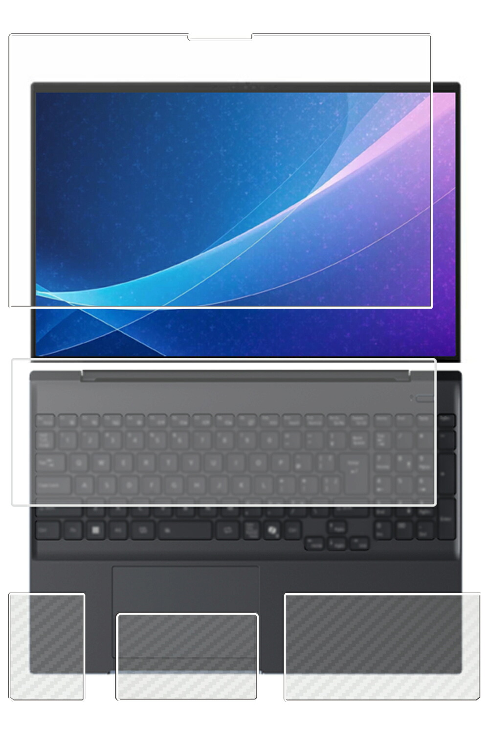 【4点セット(画面+パームレスト+タッチパッド+キーボードカバー)】Fujitsu FMV Note A A79-L1 WA4-L1 2026年モデル Ver.2 用 [N40] 高硬度 9H ブルーライトカット クリア 液晶 保護 フィルム ＋ カーボン調 保護フィルム ★