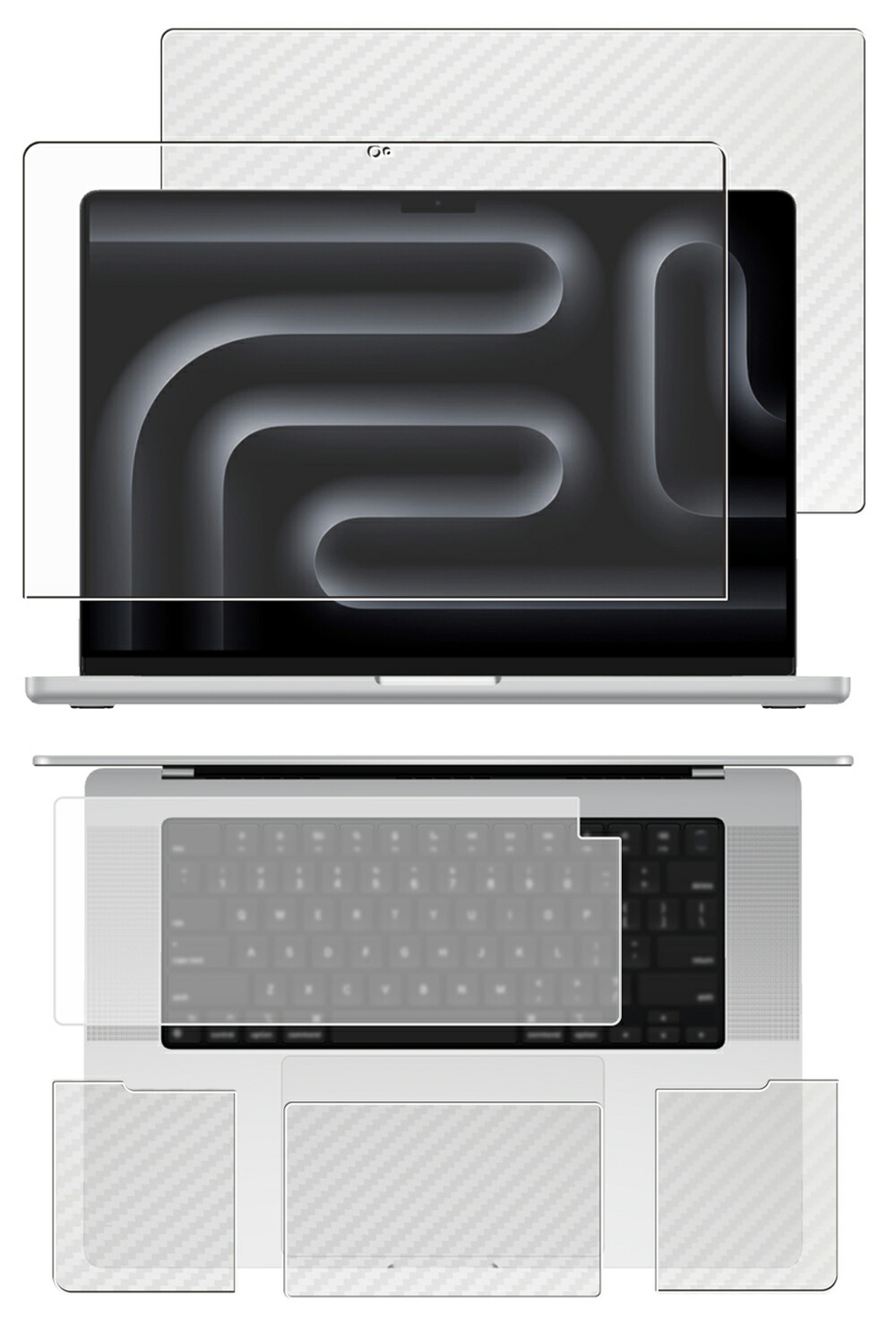 【5点セット(画面+天板+パームレスト+タッチパッド+キーボードカバー)】MacBook Pro 16 M4 2024 / M3 2023 用 [N40] AR/マット ハイブリッド 高機能 反射低減 保護フィルム ＋ カーボン調 保護フィルム ★