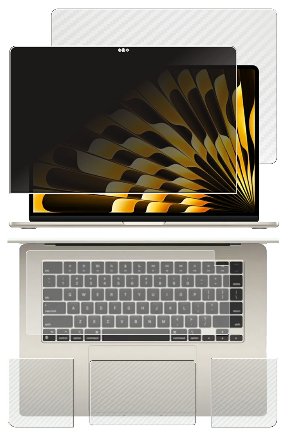 【5点セット(画面+天板+パームレスト+タッチパッド+キーボードカバー)】MacBook Air 15.3インチ 2023 M2 用 [N40] 4way のぞき見防止 プライバシー保護 液晶 保護 フィルム ＋ カーボン調 天板 保護フィルム ★