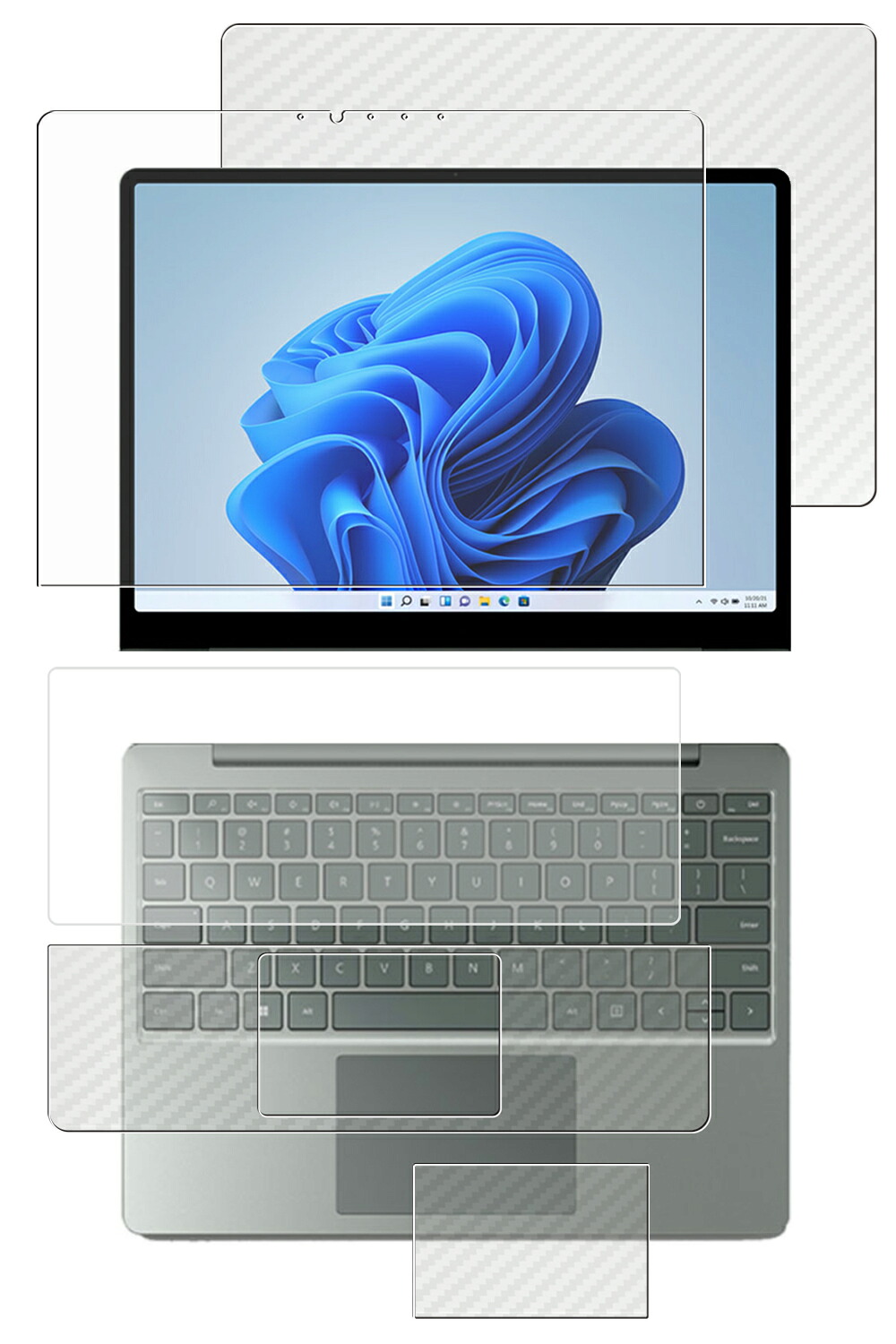 【5点セット(画面+天板+パームレスト+タッチパッド+キーボードカバー)】Microsoft Surface Laptop Go 3 / 2 用 [N35] 安心の5大機能 衝撃吸収 ブルーライト カット 液晶 保護 フィルム ＋ カーボン調 天板 保護フィルム 反射防止 抗菌 気泡レス ★｜モバイルマスター