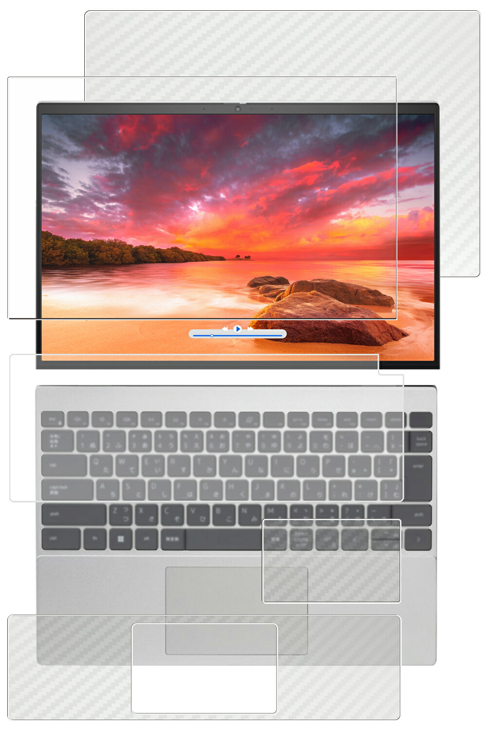 【5点セット(画面+天板+パームレスト+タッチパッド+キーボードカバー)】Dell Inspiron 13 5330 2023/24年モデル 用 [N30] 防指紋 クリア タイプ 液晶 保護 フィルム ＋ カーボン調 保護フィルム ★