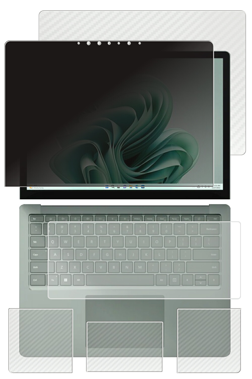 【5点セット(画面+天板+パームレスト+タッチパッド+キーボードカバー)】Microsoft Surface Laptop 5 13.5インチ 用 [N35] 4way のぞき見防止 プライバシー保護 液晶 保護 フィルム ＋ カーボン調 保護フィルム ★
