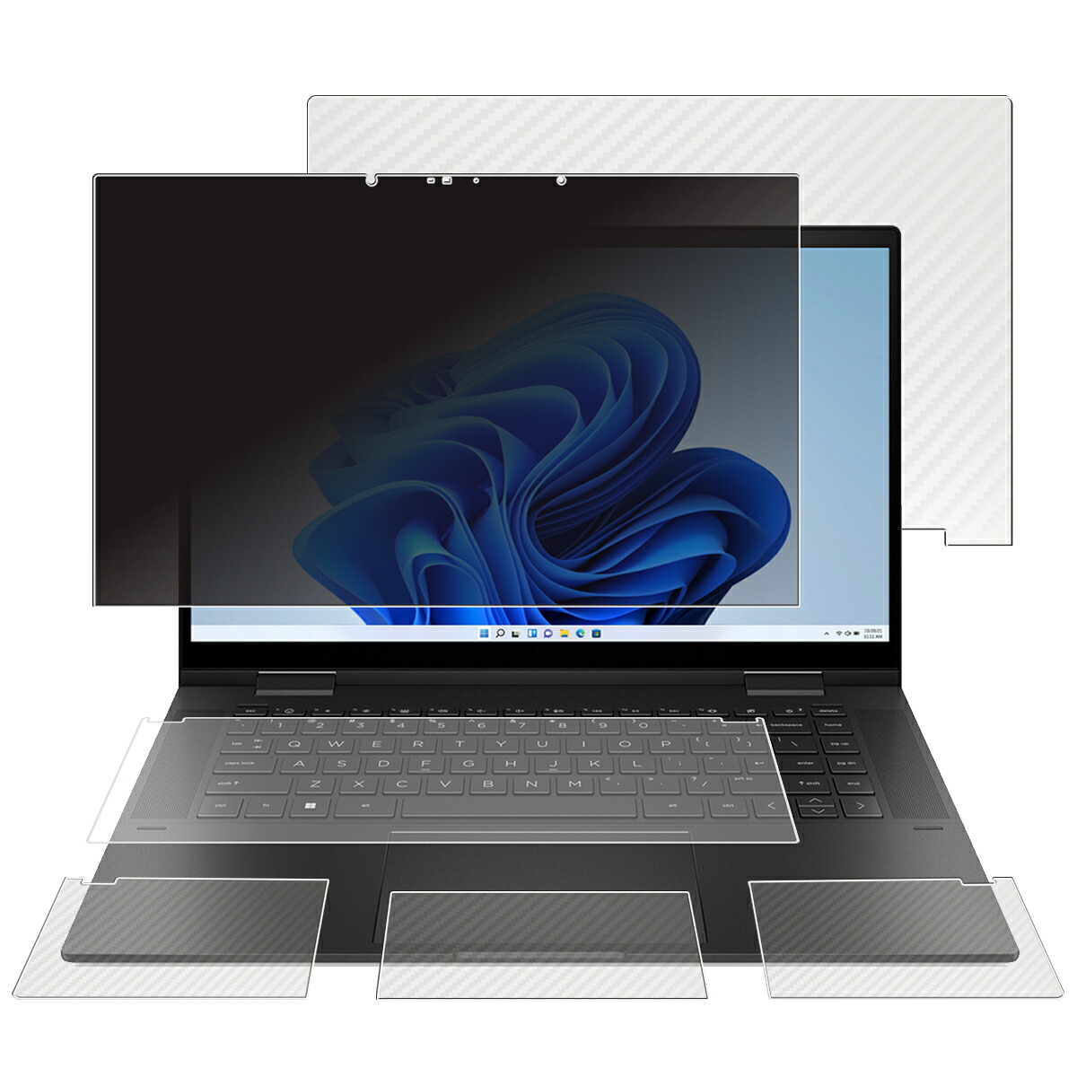 【5点セット(画面+天板+パームレスト+タッチパッド+キーボードカバー)】HP ENVY x360 15-ey 15-ew 2022年モデル 用 [N40] 4way のぞき見防止 プライバシー保護 液晶 保護 フィルム ＋ カーボン調 保護フィルム ★