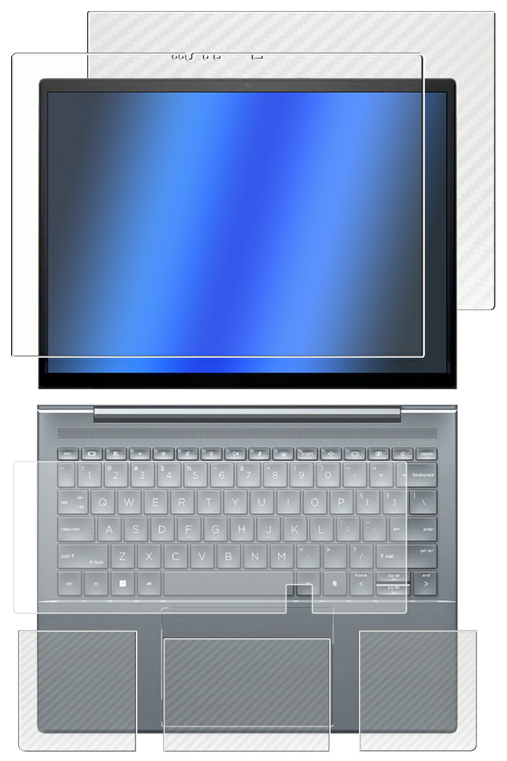 【5点セット(画面+天板+パームレスト+タッチパッド+キーボードカバー)】HP Dragonfly G4 2023年 / Elite Dragonfly G3 2022年 タッチモデル 用 [N35] 超撥水 すべすべタッチ 抗菌 クリア タイプ 液晶 保護 フィルム ＋ カーボン調 保護フィルム ★