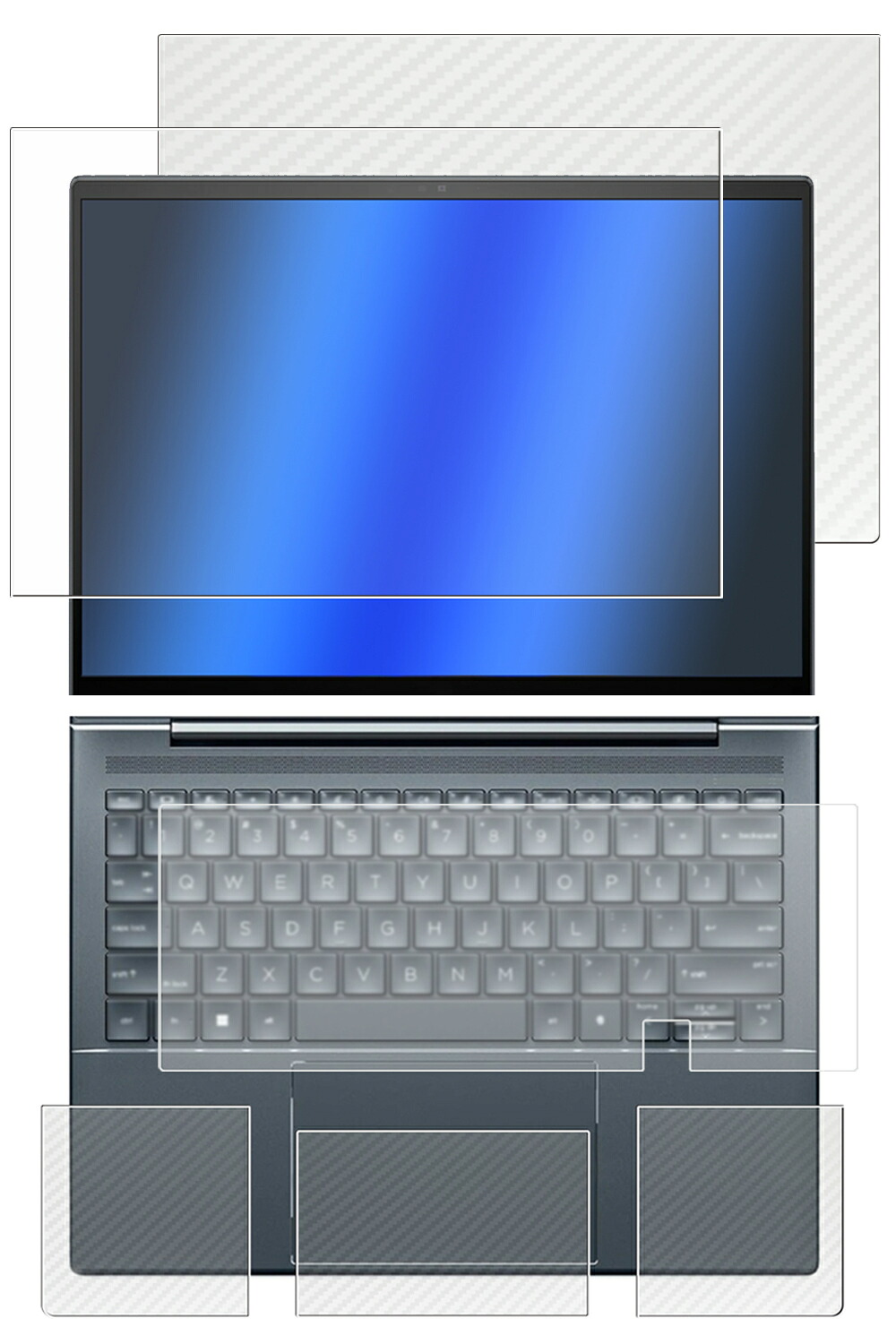 【5点セット(画面+天板+パームレスト+タッチパッド+キーボードカバー)】HP Dragonfly G4 2023年 / Elite Dragonfly G3 2022年 非タッチモデル 用 [N35] 超撥水 すべすべタッチ 抗菌 クリア タイプ 液晶 保護 フィルム ＋ カーボン調 保護フィルム ★