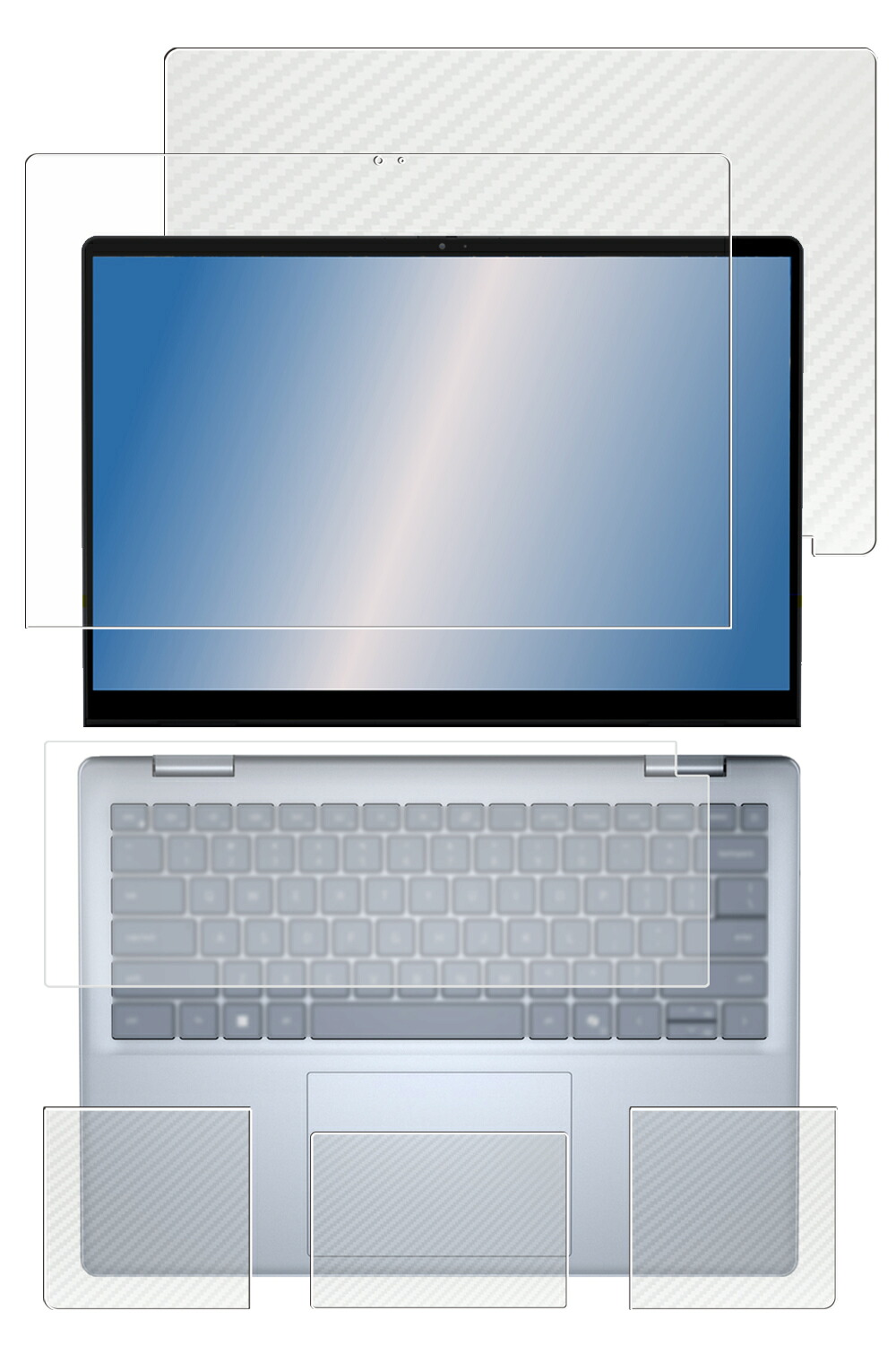 【5点セット(画面+天板+パームレスト+タッチパッド+キーボードカバー)】Dell Inspiron 14 2-in-1 7440 / 7445 2024年モデル 用 [N35] 高硬度 9H ブルーライトカット クリア 液晶 保護 フィルム ＋ カーボン調 保護フィルム ★
