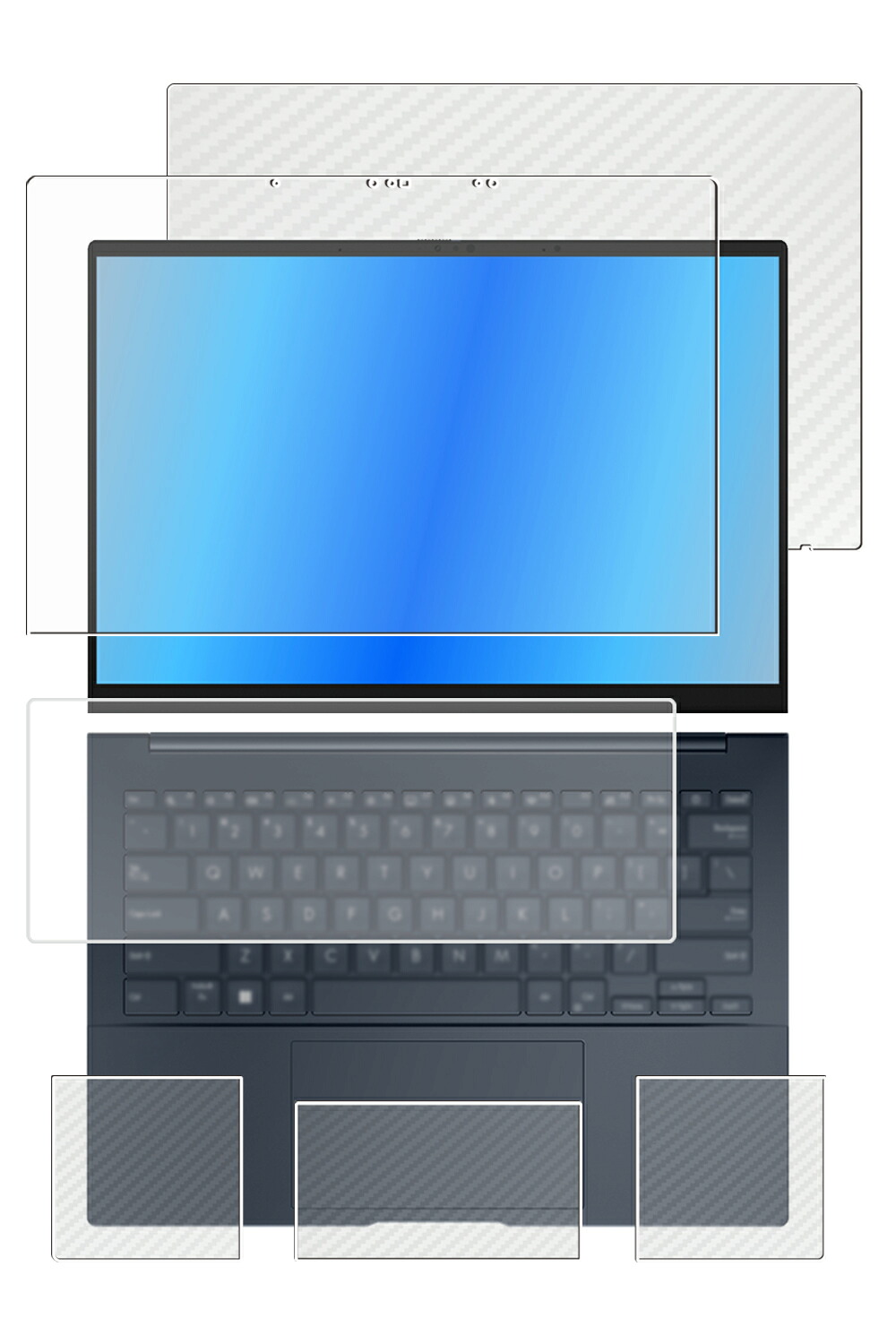 【5点セット(画面+天板+パームレスト+タッチパッド+キーボードカバー)】ASUS Zenbook 14 OLED UX3405 2024年タッチモデル 用 [N35] 清潔 目に優しい アンチグレア ブルーライト カット タイプ 液晶 保護 フィルム ＋ カーボン調 保護フィルム ★