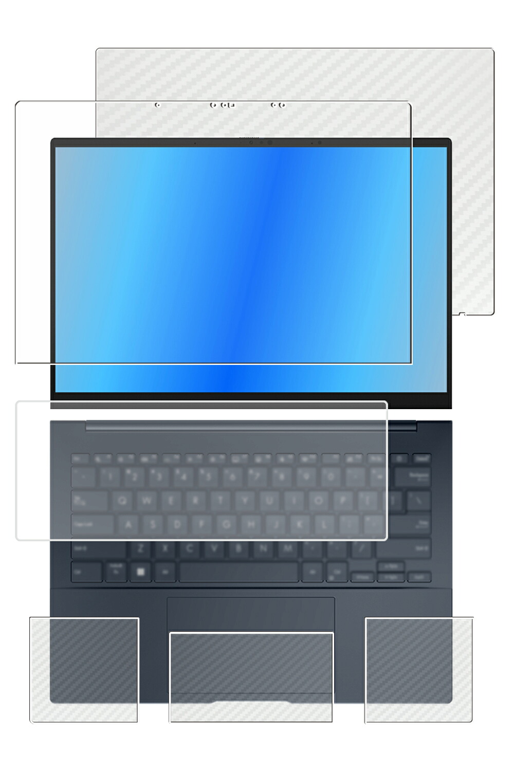 【5点セット(画面+天板+パームレスト+タッチパッド+キーボードカバー)】ASUS Zenbook 14 OLED UX3405 2024年タッチモデル 用 [N35] 防指紋 クリア タイプ 液晶 保護 フィルム ＋ カーボン調 保護フィルム ★