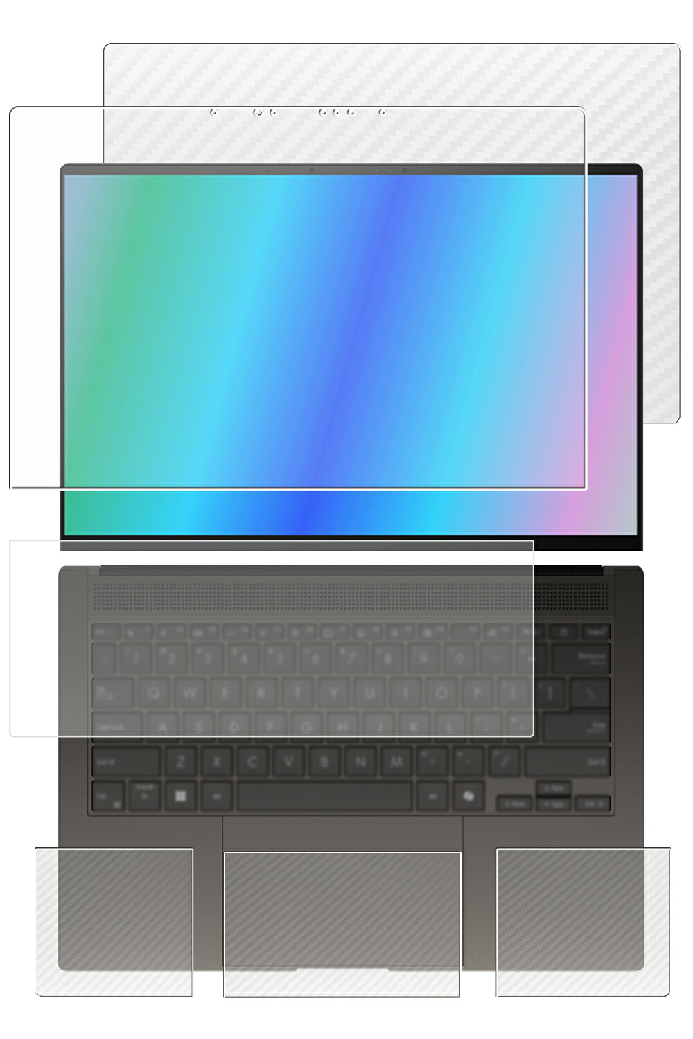 【5点セット(画面+天板+パームレスト+タッチパッド+キーボードカバー)】ASUS Zenbook S 14 UX5406 2024年モデル 用 [N35] 清潔 目に優しい アンチグレア ブルーライト カット タイプ 液晶 保護 フィルム ＋ カーボン調 保護フィルム ★｜モバイルマスター