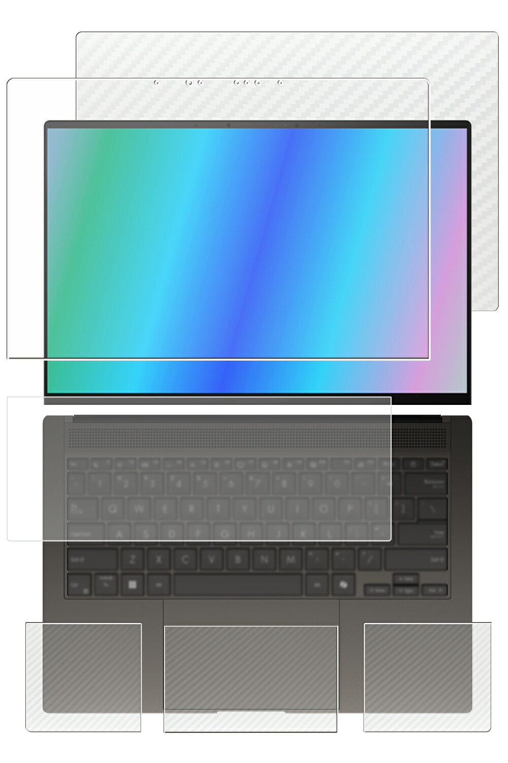 【5点セット(画面+天板+パームレスト+タッチパッド+キーボードカバー)】ASUS Zenbook S 14 UX5406 2024年モデル 用 [N35] 高硬度 9H ブルーライトカット クリア 液晶 保護 フィルム ＋ カーボン調 保護フィルム ★｜モバイルマスター