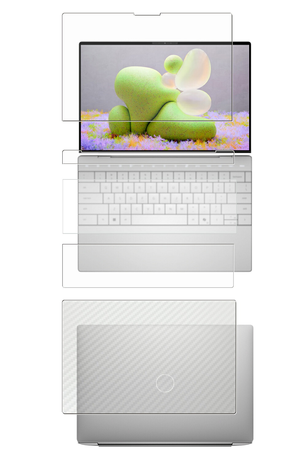 【5点セット(画面+天板+ファンクションキー+パームレストタッチパッド+キーボードカバー)】Dell XPS 13 9350 / 9345 / 9341 / 9340 2024年モデル 3KOLEDディスプレイ 用 [N35] 安心の5大機能 衝撃吸収 ブルーライト カット 液晶 保護 フィルム ＋ カーボン調 保護フィルム ★