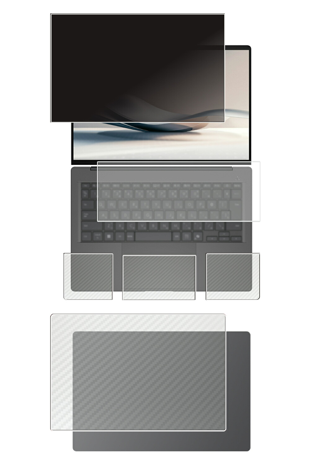 【5点仕掛ける(画面+天板+パームレスト+触れ合うパッド+鍵盤押しかぶせる)】ASUS Zenbook SORA UX3407 2025年青写真 用 [N35] 4way のぞき見押しとどめる 秘め事保護すること 液晶 保護すること 写真フィルム ＋ 炭素調 保護すること写真フィルム ★