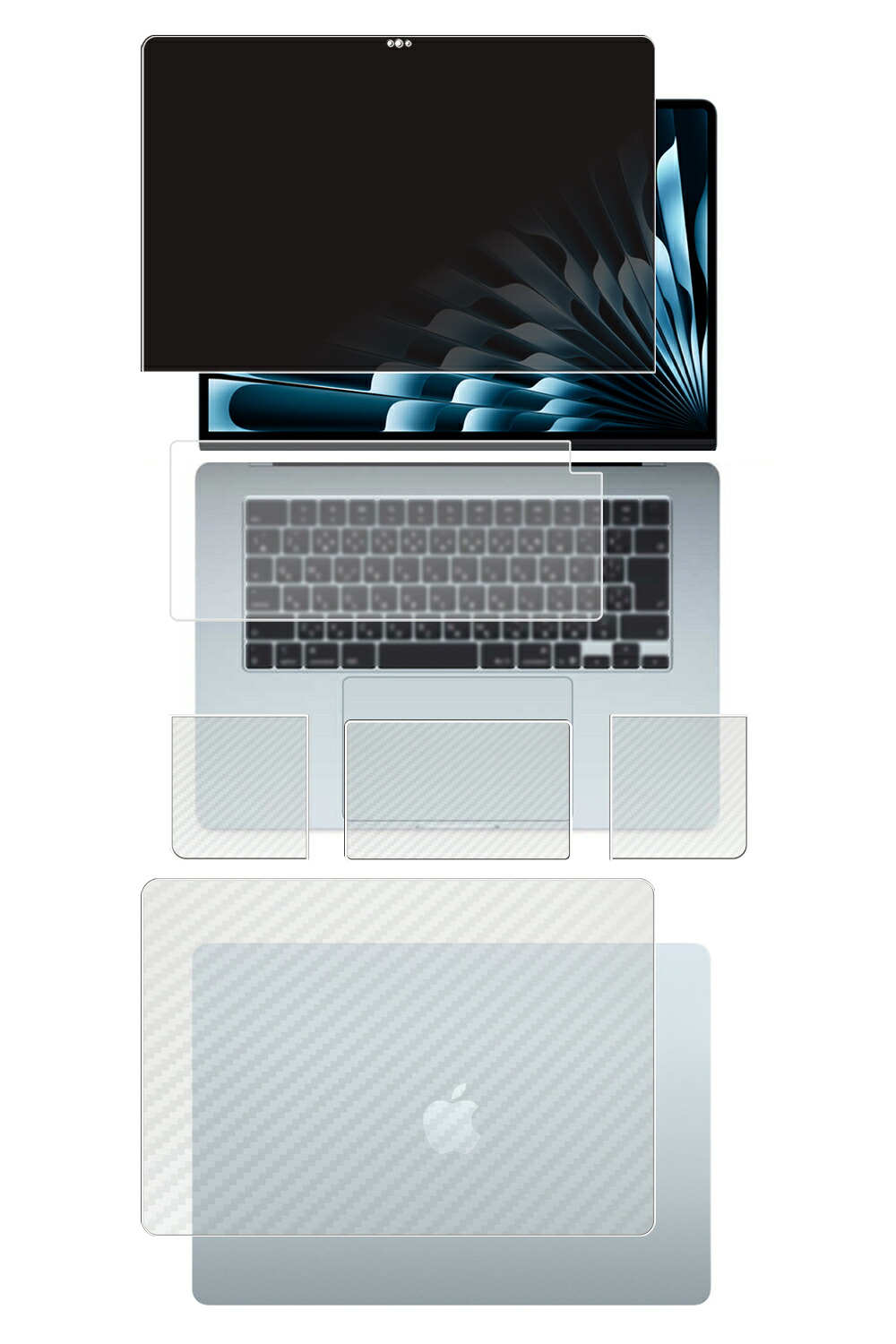 【5点書き割り(画面+天板+パームレスト+触れ合うパッド+鍵盤取りまかなう)】MacBook Air M4 2025 15in 用 [N35] 4way のぞき見押しとどめる 秘め事防御すること 液晶 防御すること 写真フィルム ＋ 炭素調 防御すること写真フィルム ★
