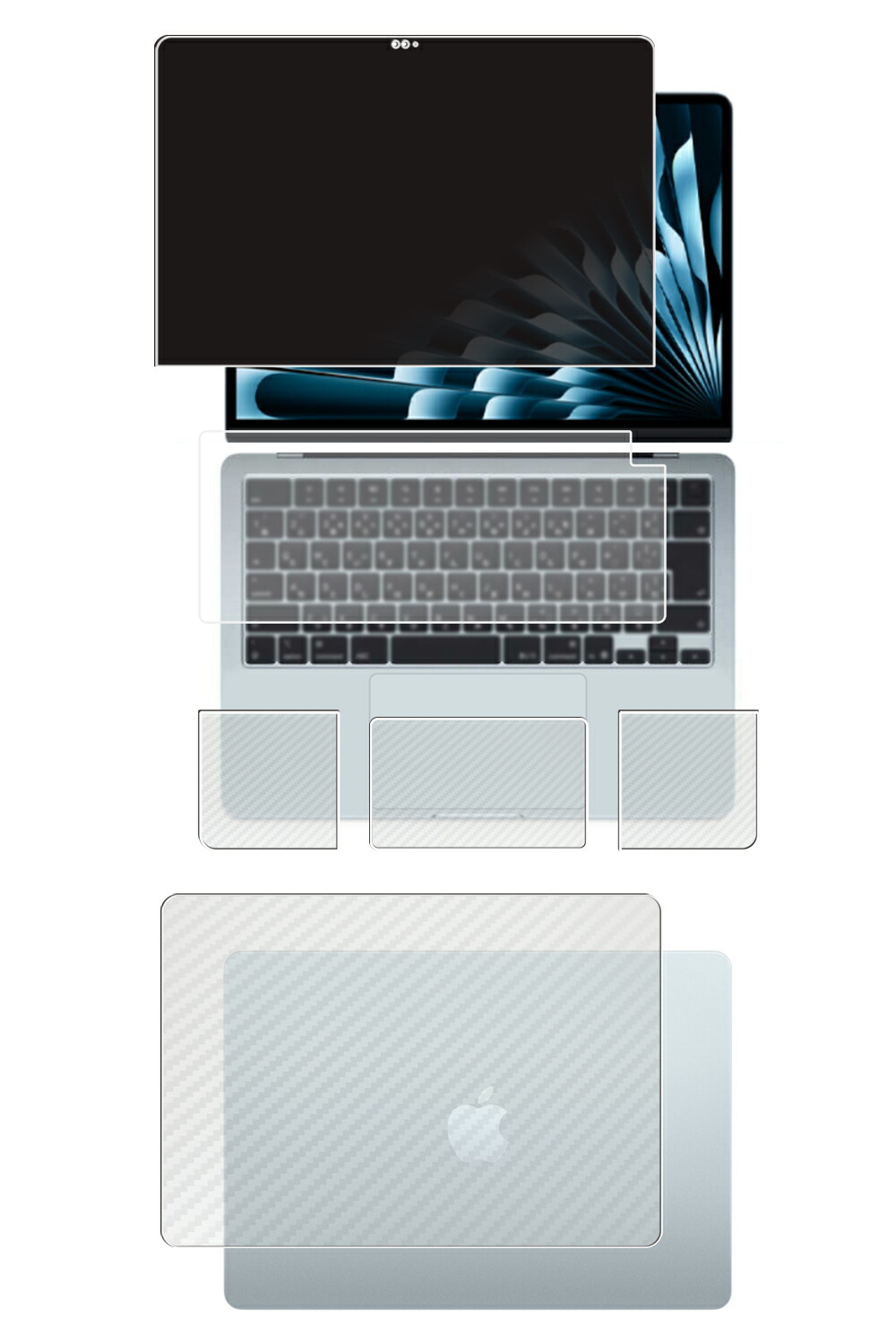 【5点仕掛ける(画面+天板+パームレスト+触れ合うパッド+鍵盤押しかぶせる)】MacBook Air M4 2025 13in 用 [N35] 4way のぞき見押しとどめる 秘め事保護すること 液晶 保護すること 写真フィルム ＋ 炭素調 保護すること写真フィルム ★